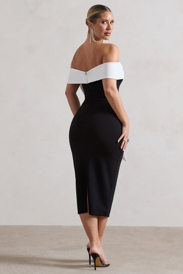 You Wish Black Bodycon Bandeau Midi Dress With Oversized White Bow